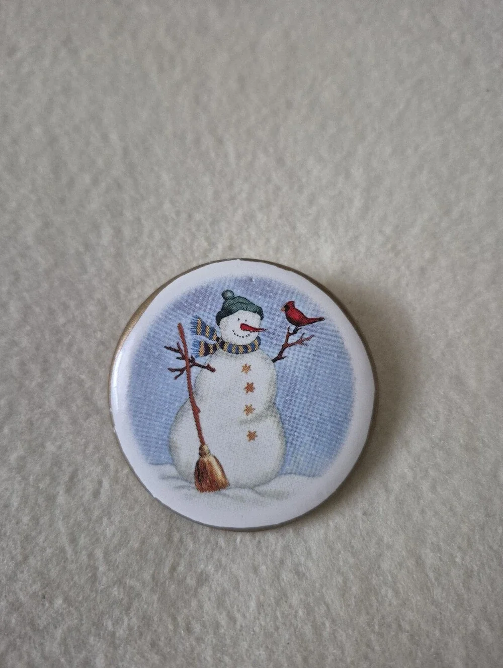Vintage Holiday Porcelain Snowman Button Pin